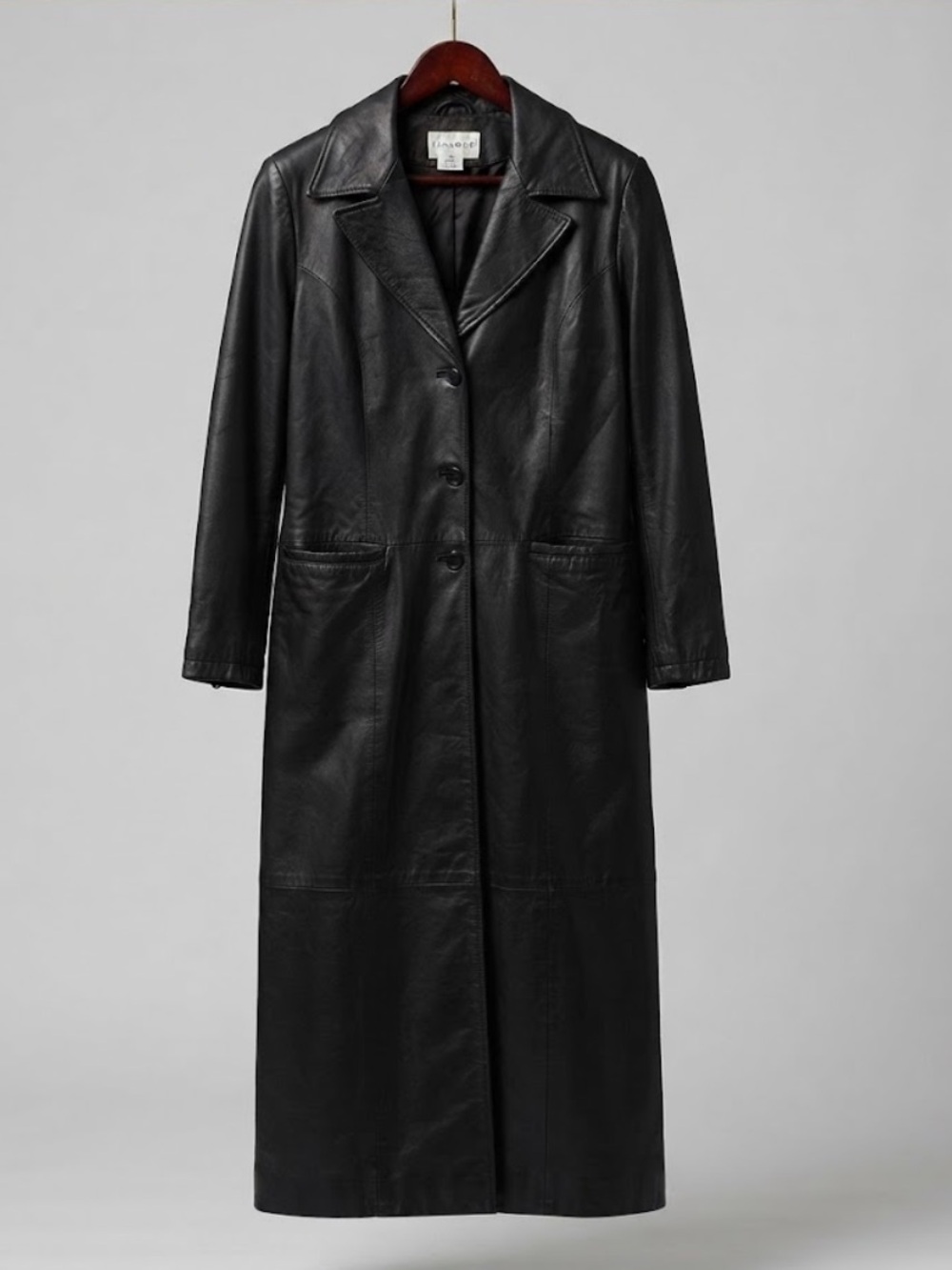 Paradox Black Leather Button-Front Long Trench Coat Size 14